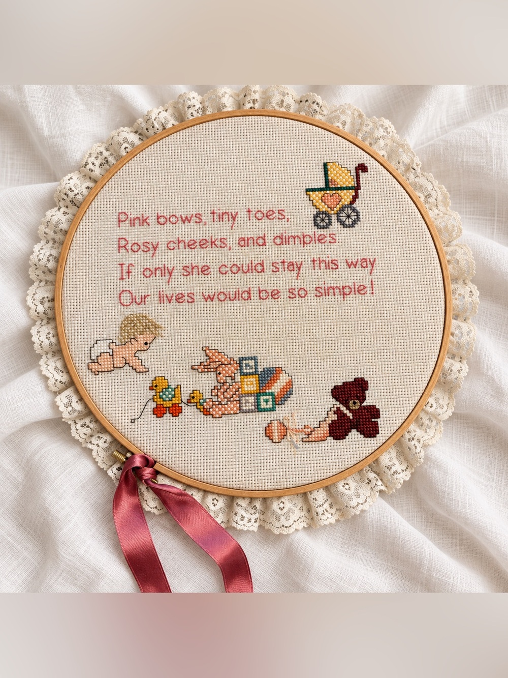 Vintage 9” Cross Stitch Baby Girl Nursery Wall Decor Embroidery Hoop Lace Trim